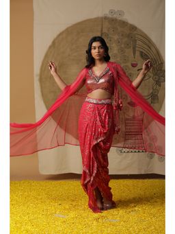 Arpita Sulakshana - Red Blouse Dhoti with Cape (Set of 3)