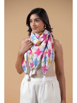 SAVI - White Tie & Dye Printed Tasselled Cotton Scarf