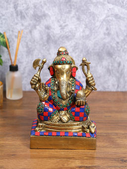 HomeTown - Tirth Brass Ganesha Stone Work Figurine By Arooti