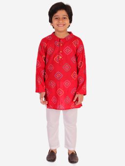 Superminis - Boys Red Cotton Printed Kurta with Pyjama