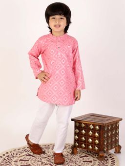 Superminis - Boys Pink Cotton Printed Kurta With Pyjama