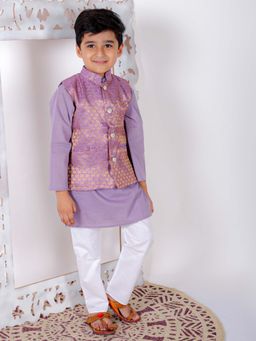 Superminis - Boys Purple Cotton Kurta & Waistcoat With Pyjama