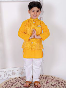 Superminis - Boys Yellow Cotton Kurta & Waistcoat With Pyjama