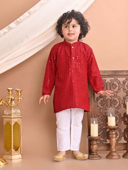 Superminis - Boys Maroon Rayon Kurta With Pyjama