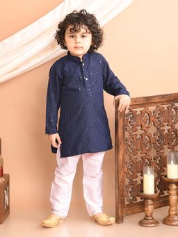 Superminis - Boys Navy Blue Rayon Kurta With Pyjama
