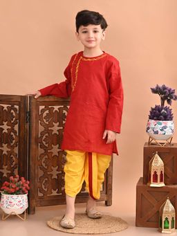 Superminis - Boys Red Handloom Cotton Embroidery Kurta With Dhoti