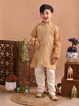 Superminis - Boys Beige Cotton Printed Kurta With Pyjama