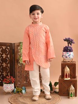 Superminis - Boys Peach Cotton Printed Kurta With Pyjama