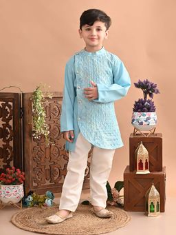 Superminis - Boys Blue Cotton Printed Kurta With Pyjama