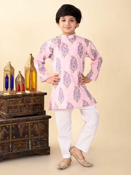 Superminis - Boys Pink Cotton Full Sleeves Printed Kurta With Pyjama