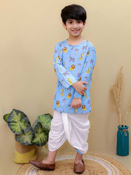 Superminis - Boys Blue Printed Cotton Kurta and White Pajama Set