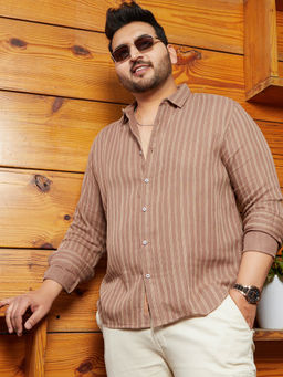 Instafab Plus - Men Tan Brown Halo Striped Shirt