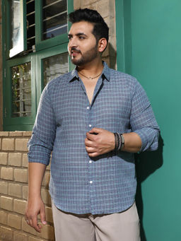 Instafab Plus - Men Icy Blue Micro-Tartan Plaid Shirt