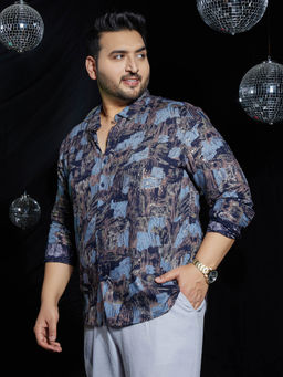 Instafab Plus - Men Onyx Black and Steel Blue Foil-Impressions Regular Shirt