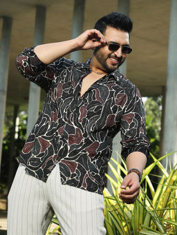 Instafab Plus - Men Onyx Black and Russet Brown Speckled-Foliage Regular Shirt