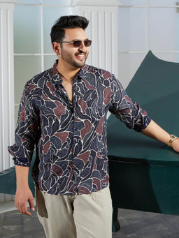 Instafab Plus - Men Onyx Black and Navy Blue Speckled-Foliage Regular Shirt