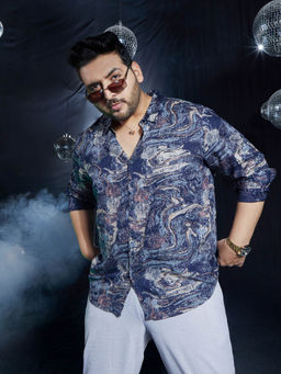 Instafab Plus - Men Indigo Blue Futuristic-Fluid Shirt