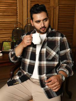 Instafab Plus - Men Onyx Black and Saltbox Beige Pixelated-Check Relaxed Shirt