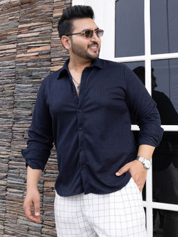 Instafab Plus - Men Navy Blue Tactile Regular Shirt