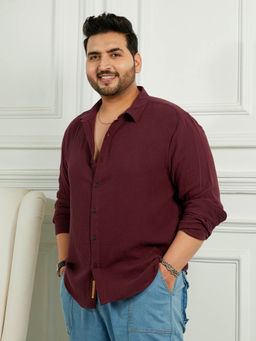Instafab Plus - Men Wine Red Breezy-Weave Shirt