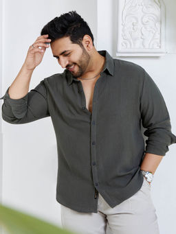 Instafab Plus - Men Ash Grey Breezy-Weave Shirt