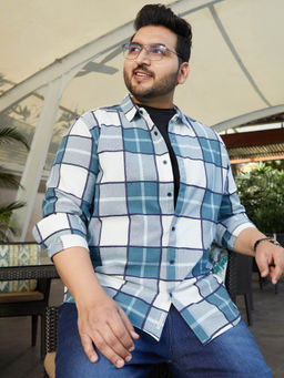 Instafab Plus - Men Steel Blue Overlaping Check Shirt