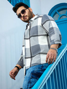 Instafab Plus - Men Coin Grey Overlap Buffalo Shirt