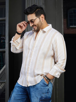 Instafab Plus - Men Tan Beige Pincandy-Striped Regular Shirt