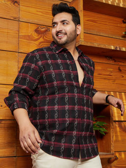 Instafab Plus - Men Onyx Black and Crimson Red Indie-Checkered Shirt