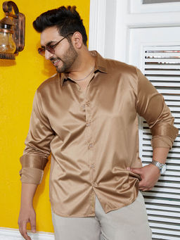 Instafab Plus - Men Sand Beige Solid Satin Shirt