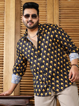 Instafab Plus - Men Obsidian Black and Sunflower Yellow Indie Block-Print Shirt