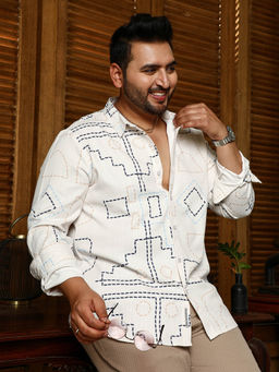 Instafab Plus - Men Off-White and Navy Blue Thread-Lines Shirt