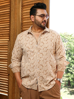 Instafab Plus - Men Camel Beige Rose-Tactile Shirt