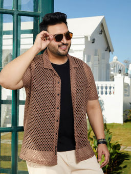 Instafab Plus - Men Camel Brown Open-Knit Resort Shirt