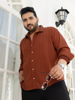 Instafab Plus - Men Russet Brown Ribbed-Rope Tactile Shirt