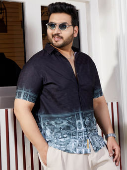 Instafab Plus - Men Prussian Blue Folk Ombre-Tactile Shirt