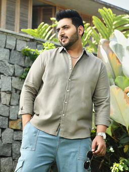 Instafab Plus - Men Dark Khaki Slanted-Trough Shirt