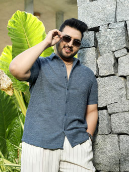 Instafab Plus - Men Prussian Blue Tactile-Resort Shirt