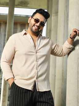 Instafab Plus - Men Khaki Beige Ripple-Trough Shirt