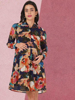 Angloindu - Navy Blue Floral Printed Maternity Shirt Dress