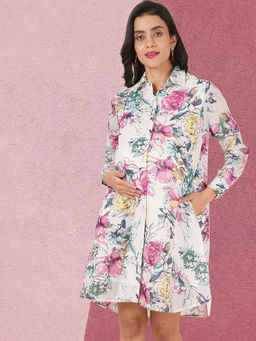Angloindu - White Floral Printed Maternity Shirt Dress