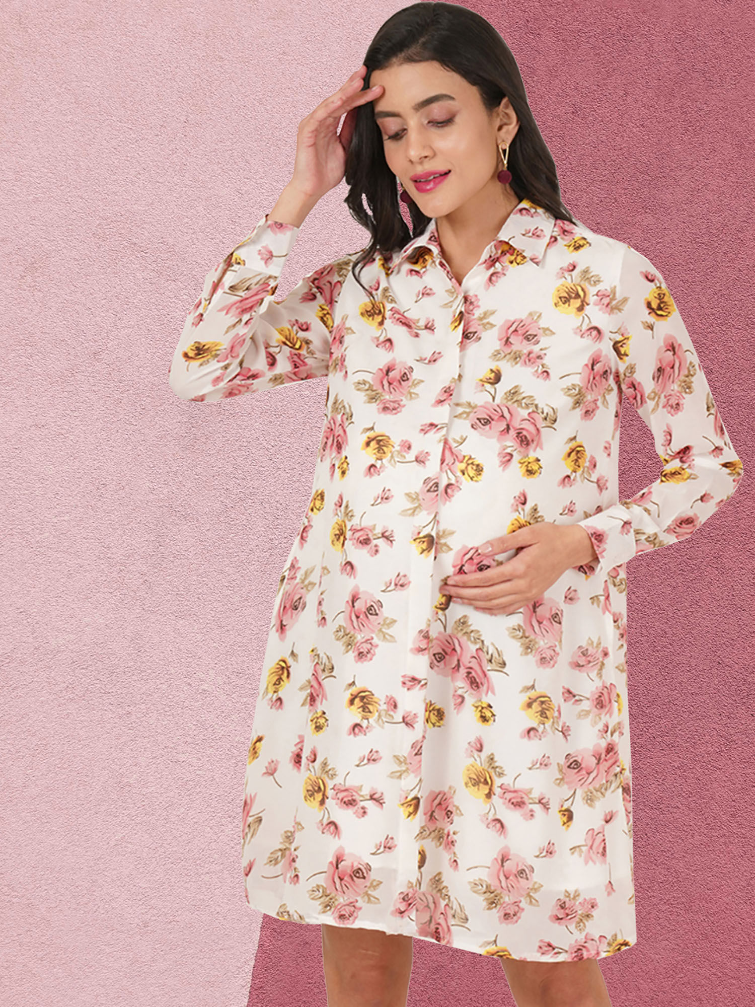 angloindu White Floral Printed Maternity Shirt Dress-picture-0