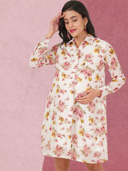 Angloindu - White Floral Printed Maternity Shirt Dress