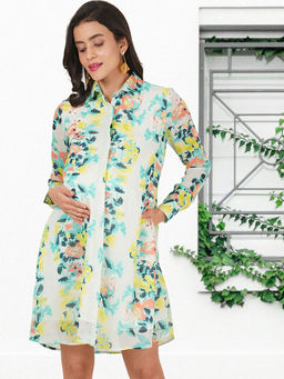 Angloindu - Green Foral Printed Maternity Shirt Dress