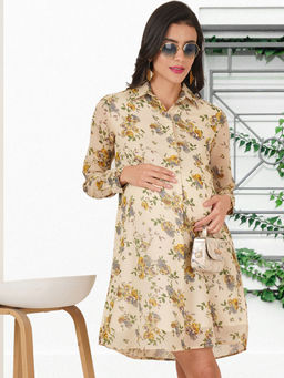 Angloindu - Beige Floral Printed Maternity Shirt Dress