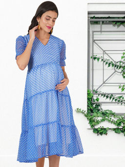 Angloindu - Blue Polka Dot Print Tiered Maternity Midi Dress