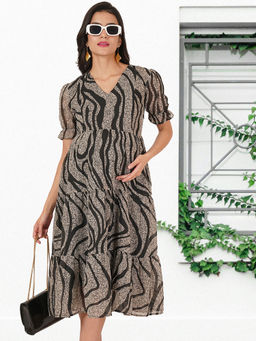 Angloindu - Black Printed Tiered Maternity Midi Dress