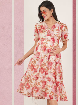 Angloindu - Red and Pink Floral Printed Tiered Maternity Midi Dress