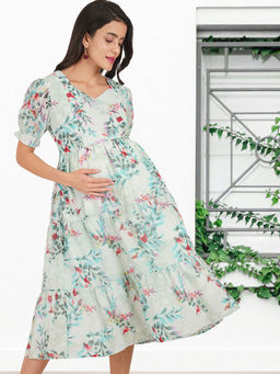 Angloindu - Sea Green Floral Printed Tiered Maternity Midi Dress
