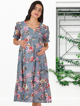Angloindu - Grey Floral Printed Tiered Maternity Midi Dress